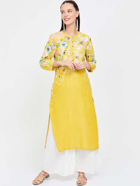 

Melange by Lifestyle Women Yellow & Pink Printed Straight Kurta