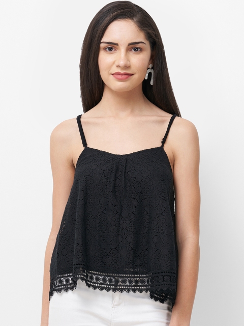

109F Women Black Self Design High-Low Top
