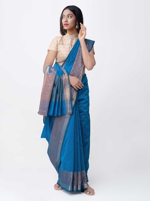 

Unnati Silks Blue & Gold-Coloured Silk Cotton Woven Design Chettinad Saree