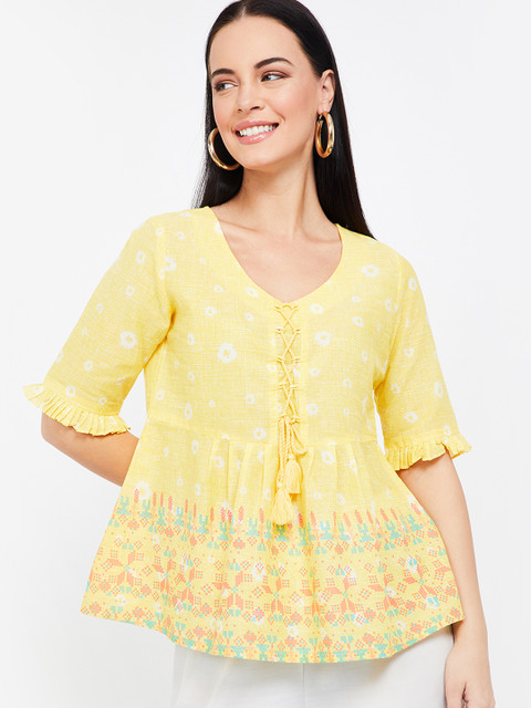

Colour Me by Melange Women Yellow Printed A-Line Top