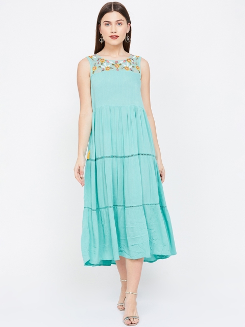 

Colour Me by Melange Women Turquoise Blue Printed Fit and Flare Dress