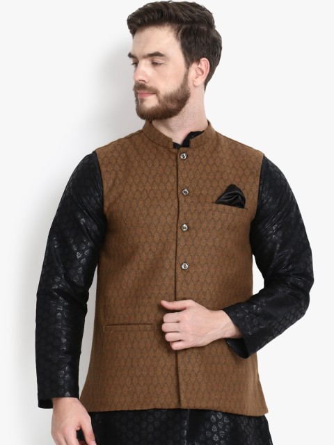 

KLOTTHE Men Brown Woven Design Satin Nehru Jacket