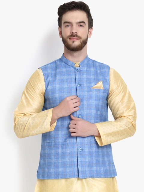 

KLOTTHE Men Blue Checked Satin Nehru Jacket