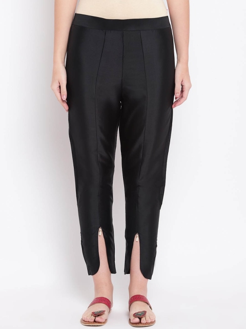 

RIVI Women Black Regular Fit Solid Cropped Silk Cigarette Trousers