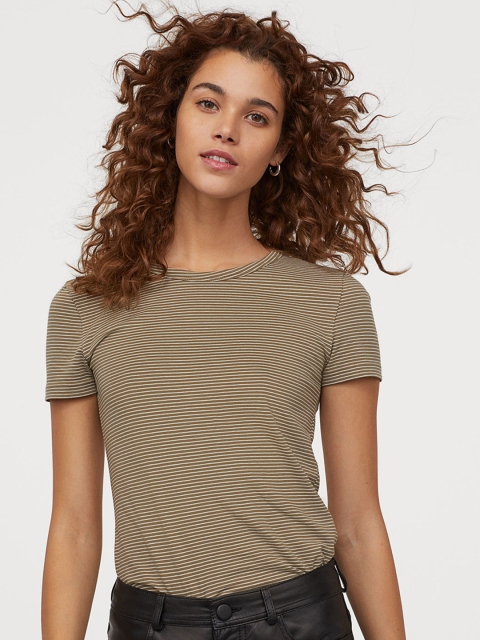 

H&M Women Olive Brown & Off-White Striped Jersey Top