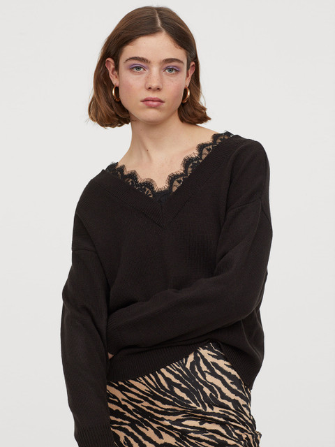 

H&M Women Black Solid Lace-Trimmed Jumper