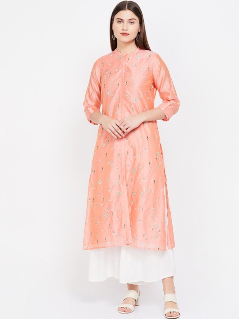 

Melange by Lifestyle Women Peach-Coloured & Gold-Toned Embroidered Straight Kurta