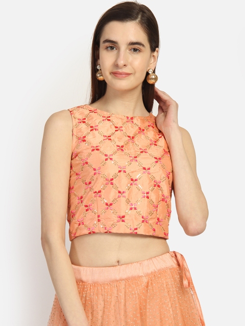 

studio rasa Women Silk Embroidered Crop Top, Coral
