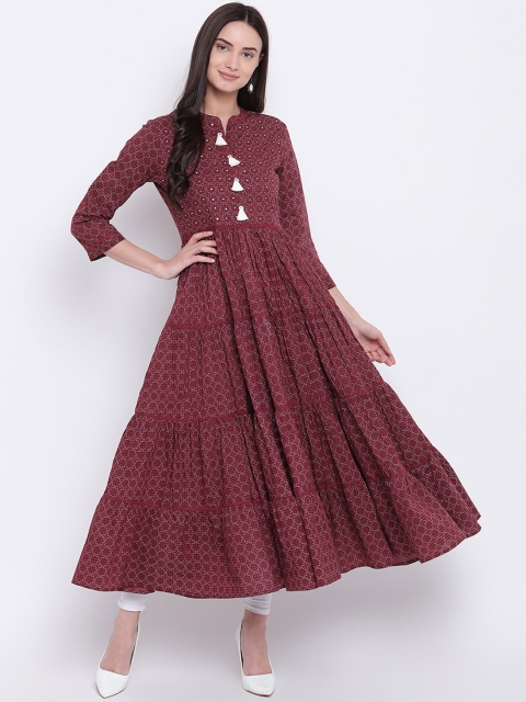 

Be Indi Women Maroon Embellished Tiered A-Line Kurta