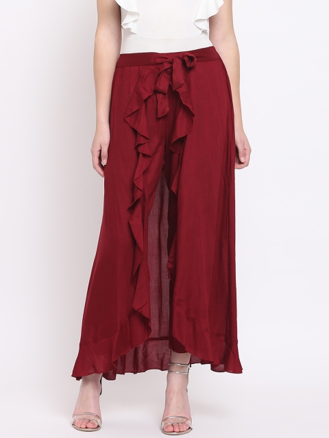 

RIVI Women Maroon Solid Straight Ruffle Palazzos