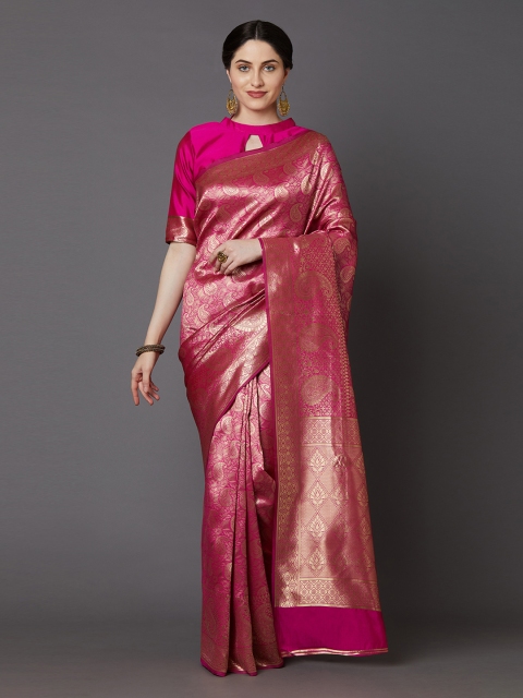 

Mitera Pink & Gold-Toned Silk Blend Woven Design Banarasi Saree