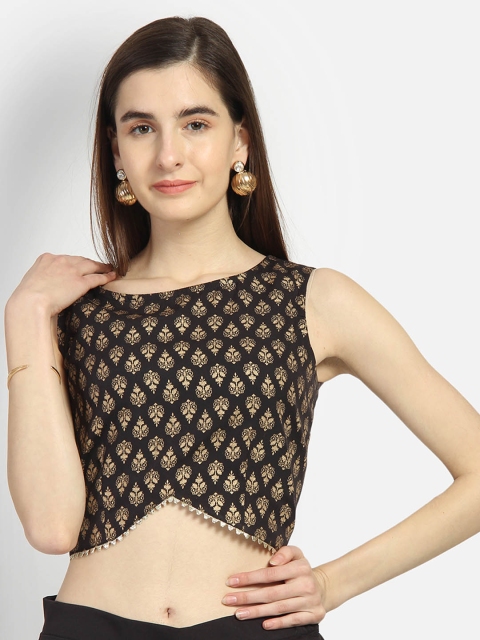 

studio rasa Women Crepe Block Printed Embellished Crop Top, Black