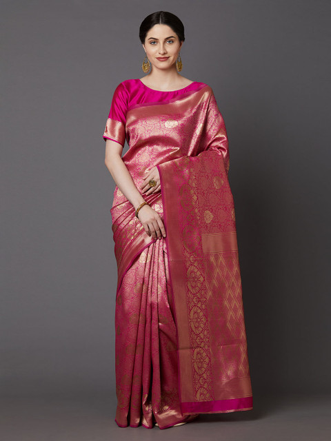 

Mitera Pink & Gold-Toned Silk Blend Woven Design Banarasi Saree