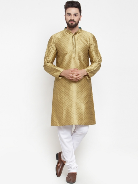 

NEUDIS Men Gold-Toned & White Self Design Jacquard Dupion Silk Kurta with Churidar