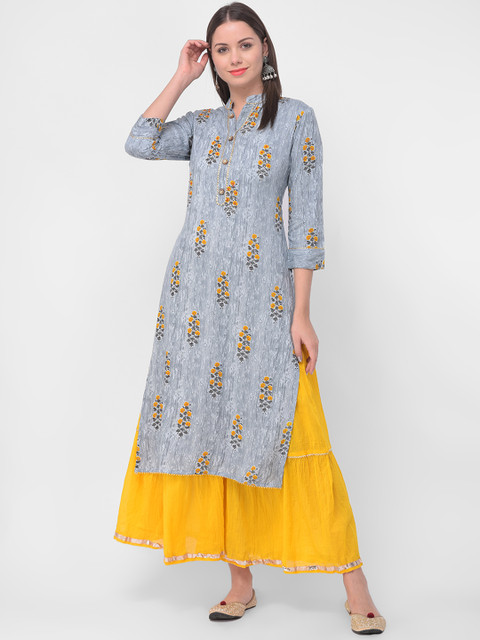 

aayusika Women Grey & Yellow Printed Kurta with Skirt