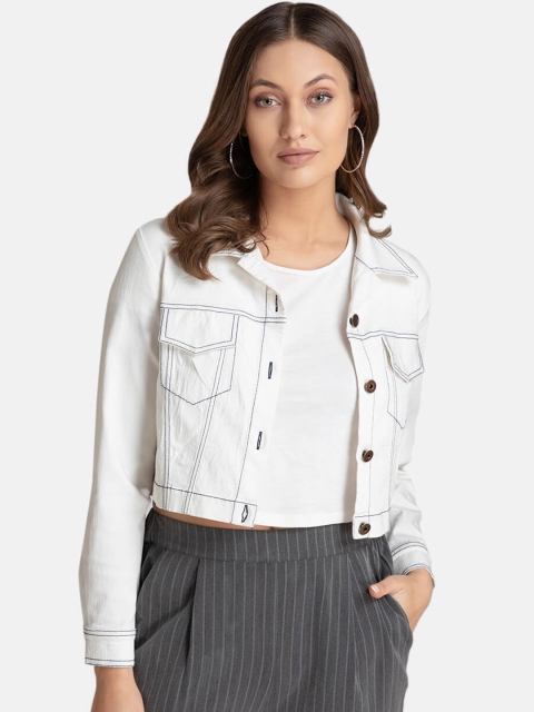 

Kazo Women White Solid Denim Jacket