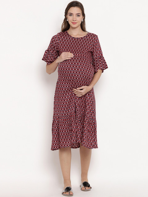 

Mine4Nine Women Maternity Pink Printed Fit and Flare Dress