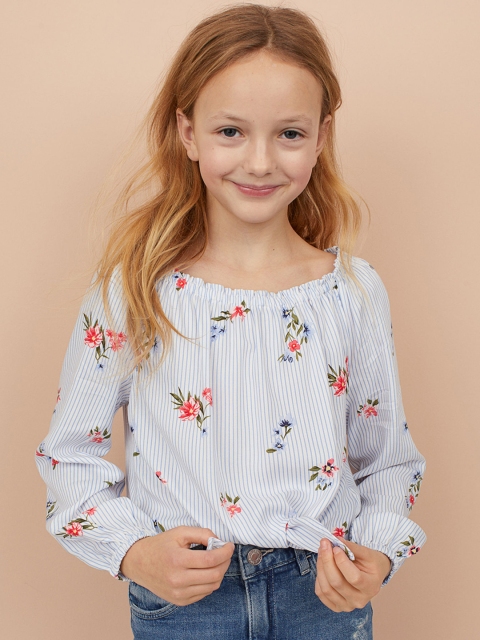 

H&M Girls White & Blue Printed Tie-Hem Blouse