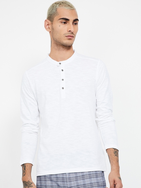 Forca by Lifestyle Men White Solid Mandarin Collar T-shirt
