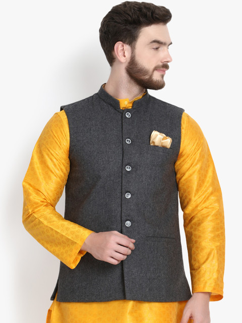 

KLOTTHE Men Black Solid Satin Nehru Jacket