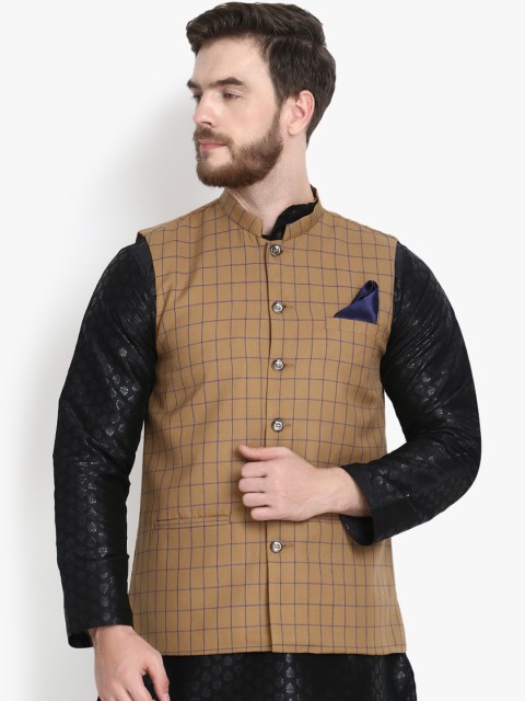 

KLOTTHE Men Brown & Blue Checked Satin Nehru Jacket