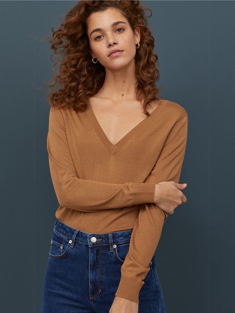

H&M Women Beige Solid V-neck Jumper