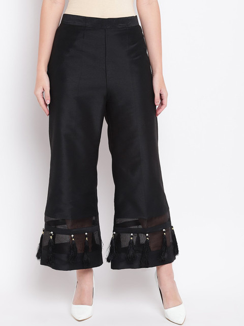 

RIVI Women Black Solid Straight Silk Palazzos