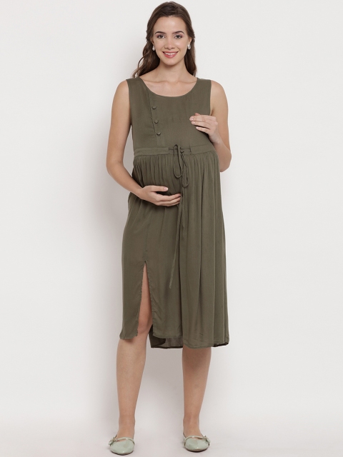 

Mine4Nine Women Maternity Olive Green Solid Fit and Flare Dress