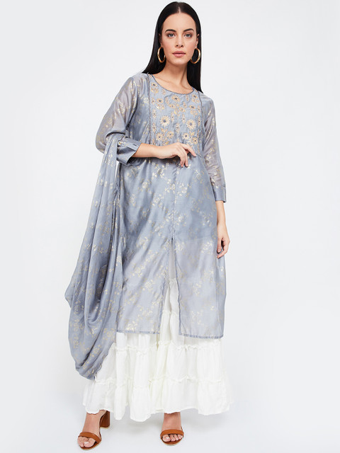 

Melange by Lifestyle Women Grey & Gold-Toned Printed Straight Kurta