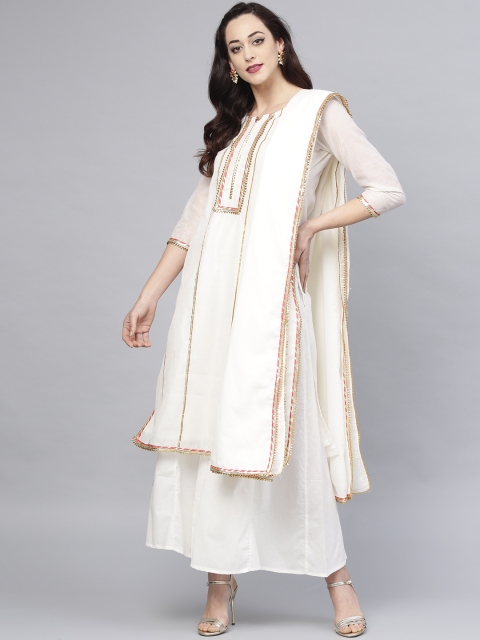 

Bhama Couture Women Off-White Striped Kurta with Palazzos & Dupatta