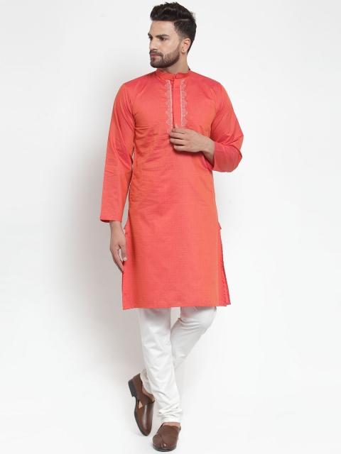 

NEUDIS Men Coral Pink Embroidered Kurta with Churidar