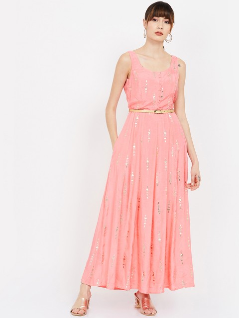 

Colour Me by Melange Women Coral Pink Printed Fit and Flare Dress