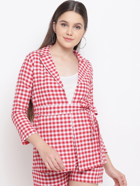 

FABNEST Women Red & White Checked Coat with Shorts