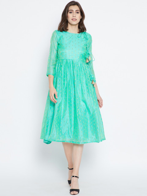 

Be Indi Women Turquoise Blue Self Design Fit and Flare Dress