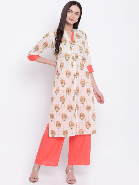 

Be Indi Women Cream-Coloured & Orange Printed Kurta with Palazzos