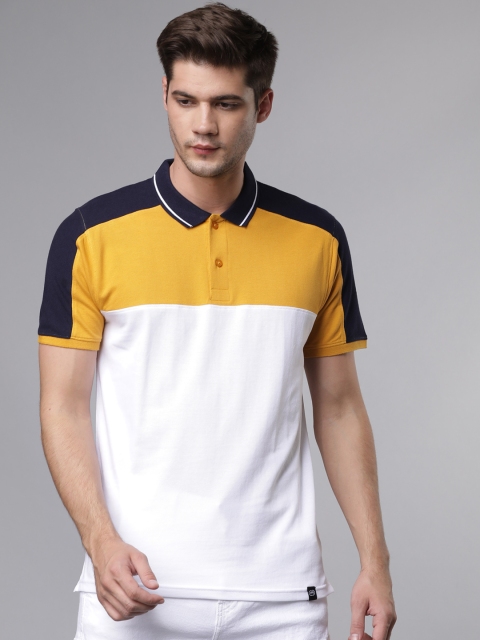 

Ecko Unltd Men Mustard Yellow And White Colourblocked Polo Collar T-shirt