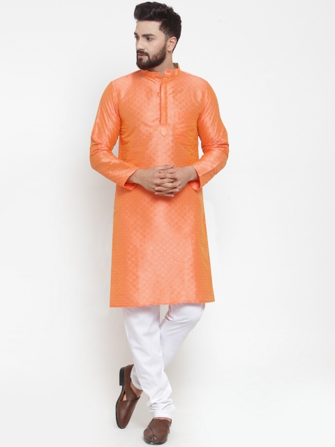

NEUDIS Men Orange & White Self Design Kurta with Churidar