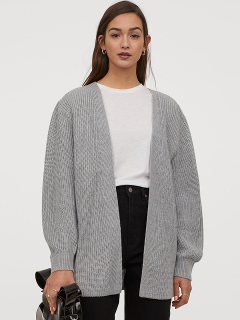 

H&M Women Grey Solid Rib-Knit Cardigan
