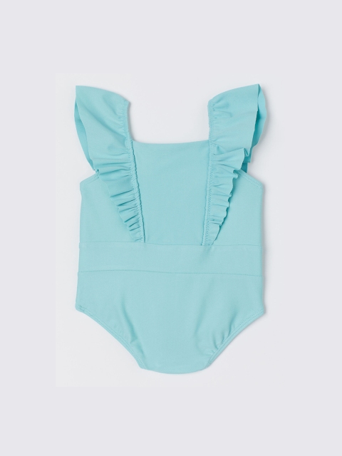 

H&M Girls Turquoise Blue Solid Swimsuit With Flounces