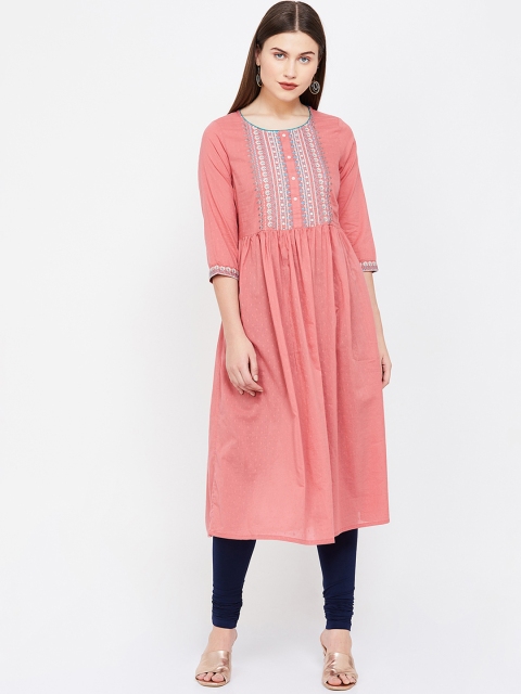 

Melange by Lifestyle Women Coral Pink & Blue Yoke Design A-Line Kurta