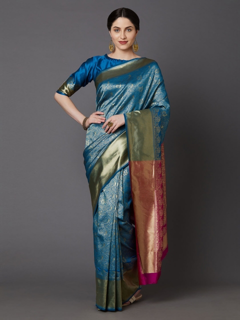 

Mitera Blue & Gold-Coloured Silk Blend Woven Design Banarasi Saree