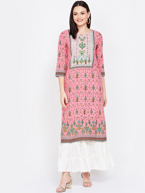 

Melange by Lifestyle Women Coral Pink & Green Printed Straight Kurta