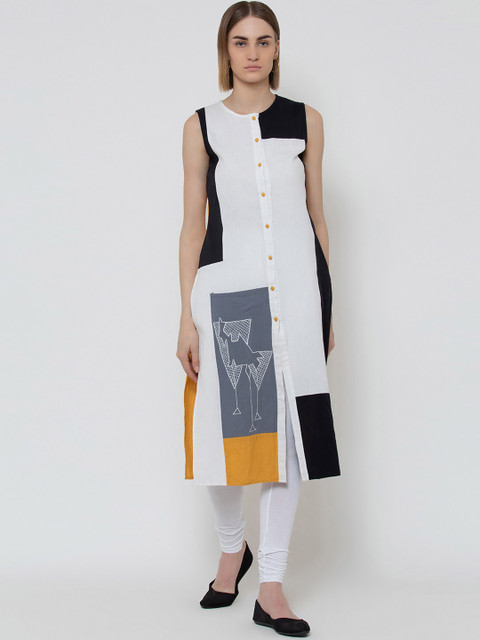 

DODO & MOA Women White Colourblocked Straight Kurta