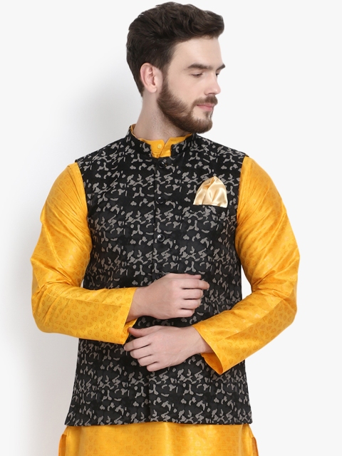 

KLOTTHE Men Black & Grey Woven Design Satin Nehru Jacket