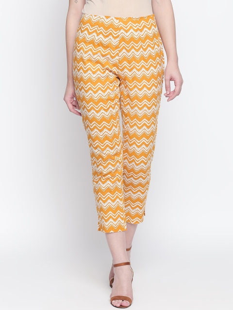

RANGMANCH BY PANTALOONS Women Mustard Regular Fit Printed Peg Trousers