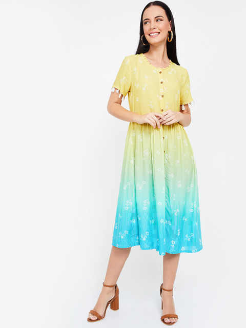 

Colour Me by Melange Women Yellow & Turquoise Blue Floral Print Fit & Flare Dress