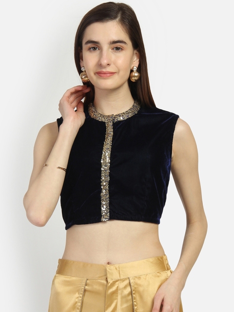 

studio rasa Women Velvet Embellished Crop Top, Navy blue