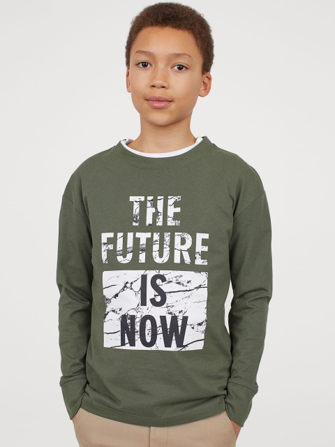 

H&M Boys Olive Green & White Printed Jersey Top