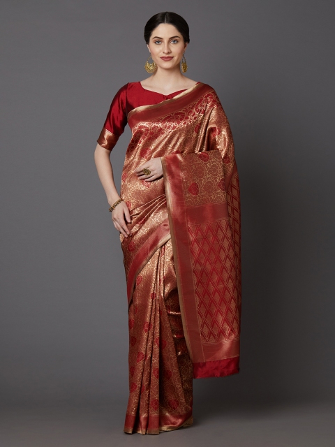 

Mitera Red & Gold-Coloured Silk Blend Woven Design Banarasi Saree