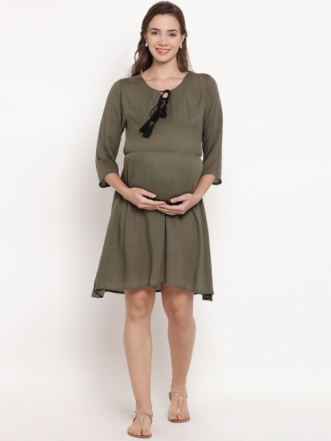

Mine4Nine Women Maternity Olive Green Solid Fit and Flare Dress